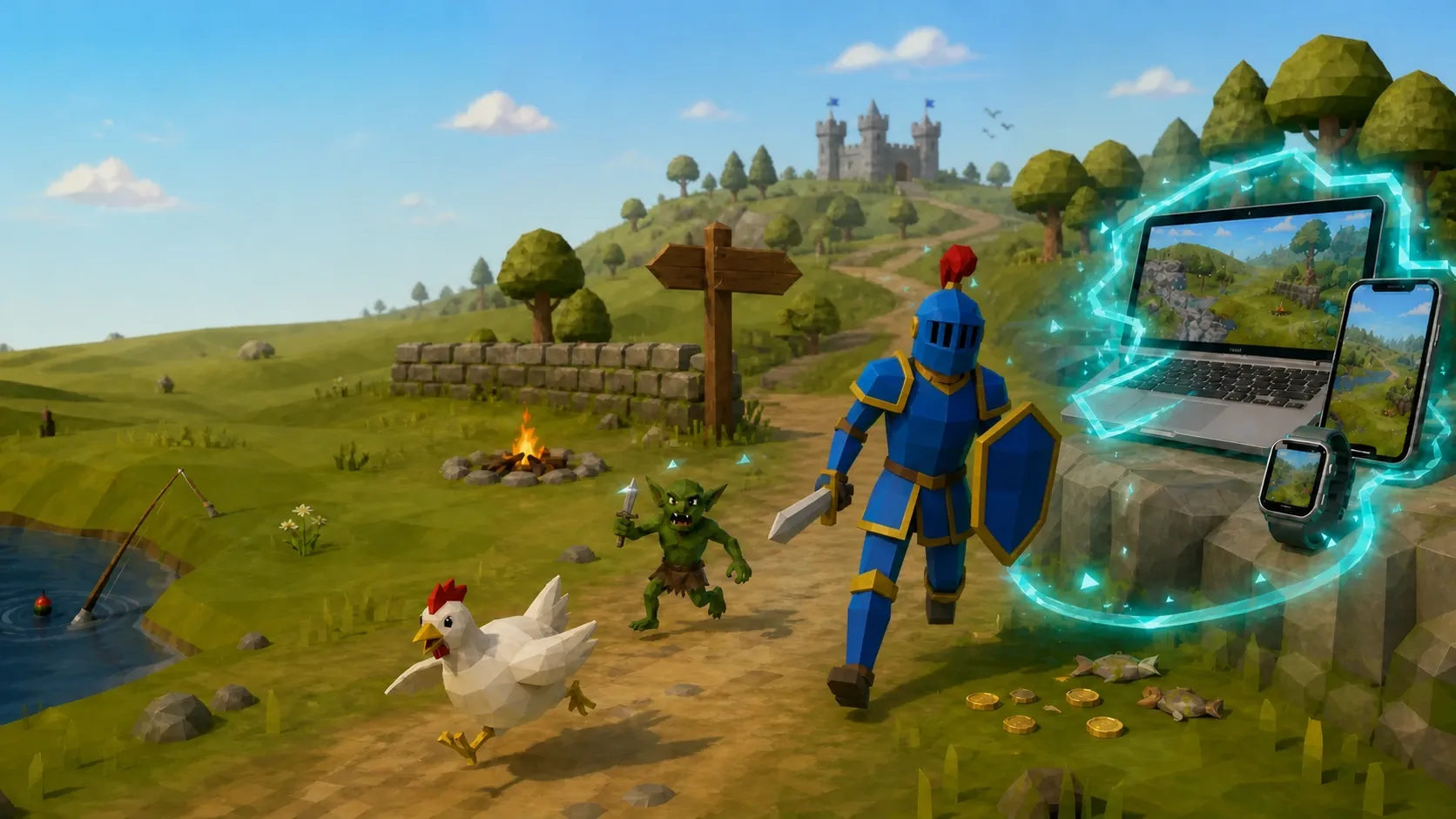 A blue-and-gold old-school low-poly knight running past a chicken and goblin toward connected companion devices